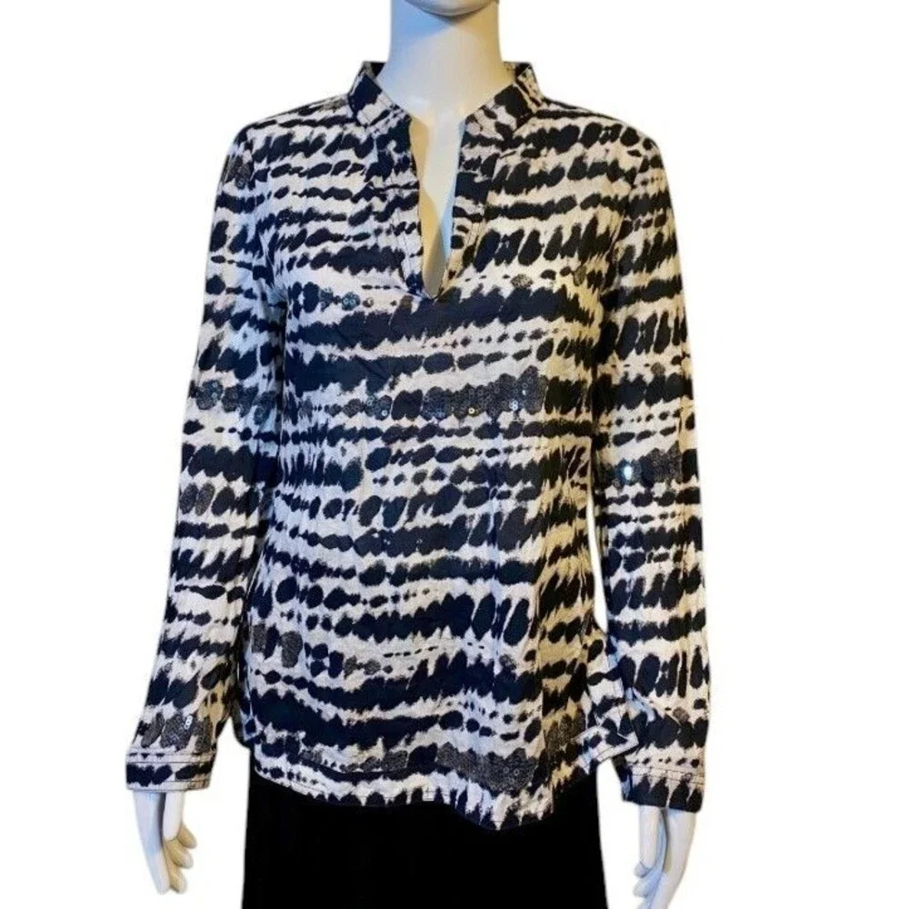 Tory Burch Sequin Embellished Tie Dye Ikat Tunic Blouse Cotton Womens Size 10 D